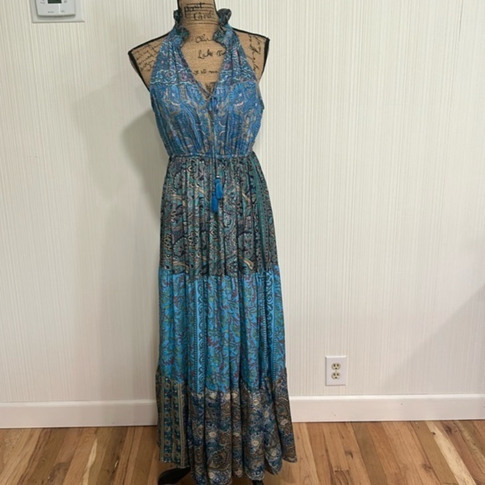 Florencia Blue Paisley Maxi Dress Made in Spain 70% Silk